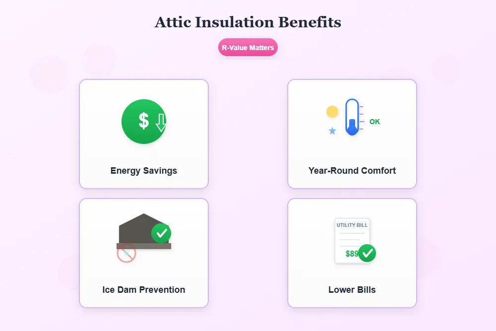 attic insulation benefits icons showing energy savings comfort ice dam prevention and lower bills