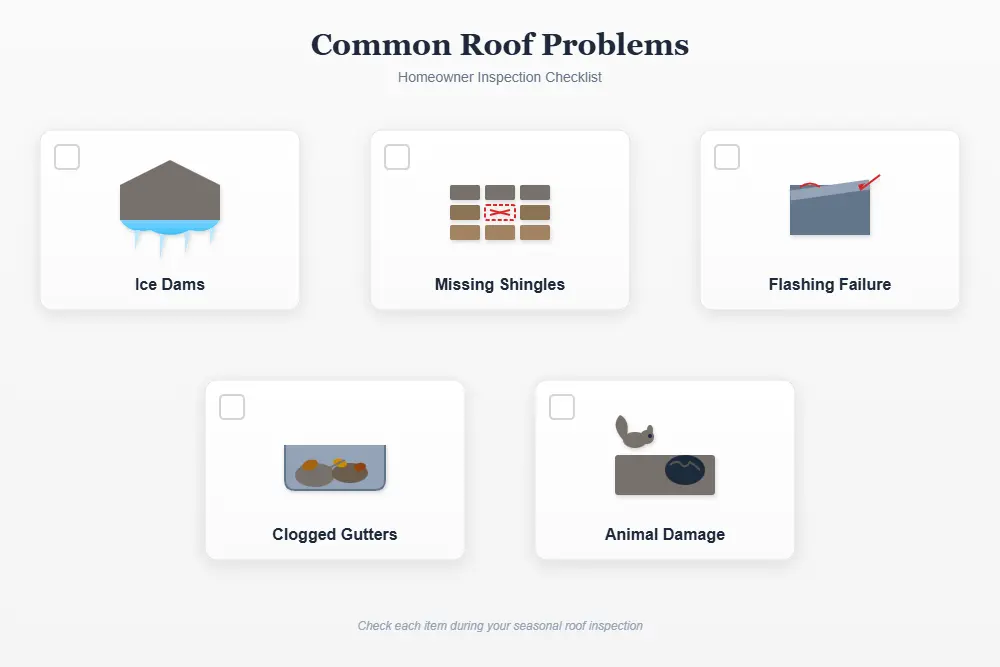 common roof problems icons showing ice dams missing shingles flashing gutters and animal damage