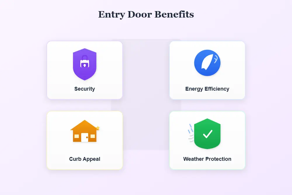 entry doors benefits icons showing security efficiency curb appeal and weather protection