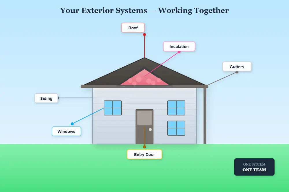 exterior home improvement diagram showing roof siding gutters doors windows and insulation