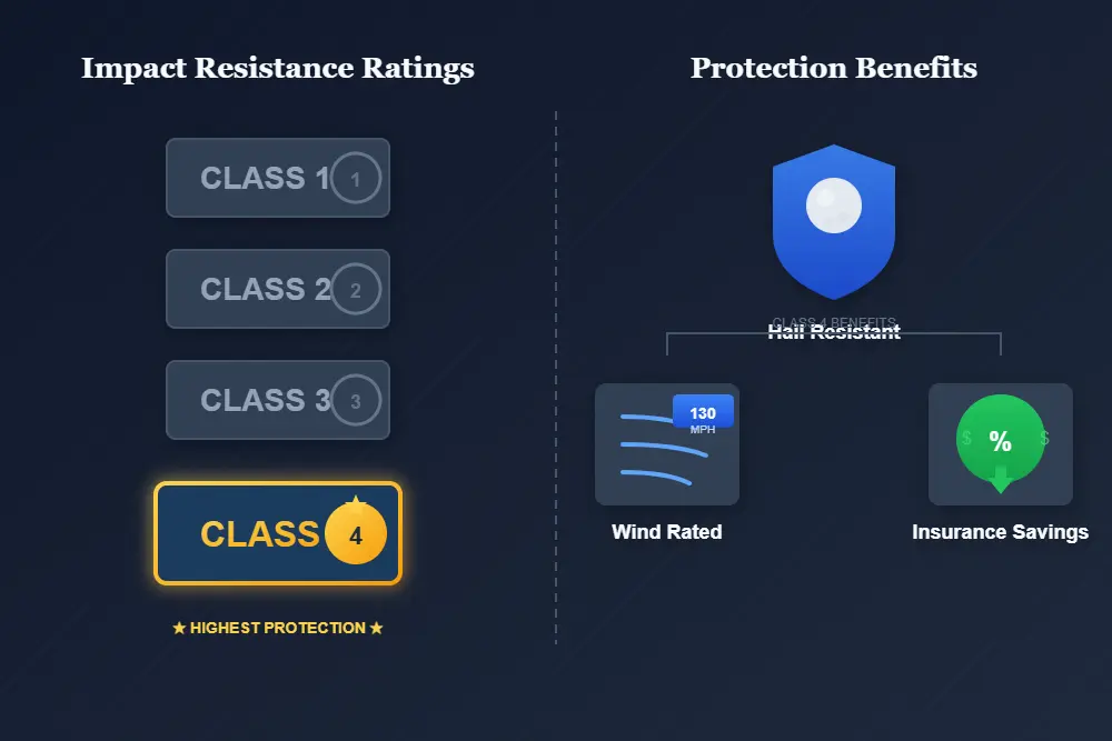 impact resistant shingles class ratings from 1 to 4 with hail wind and insurance icons
