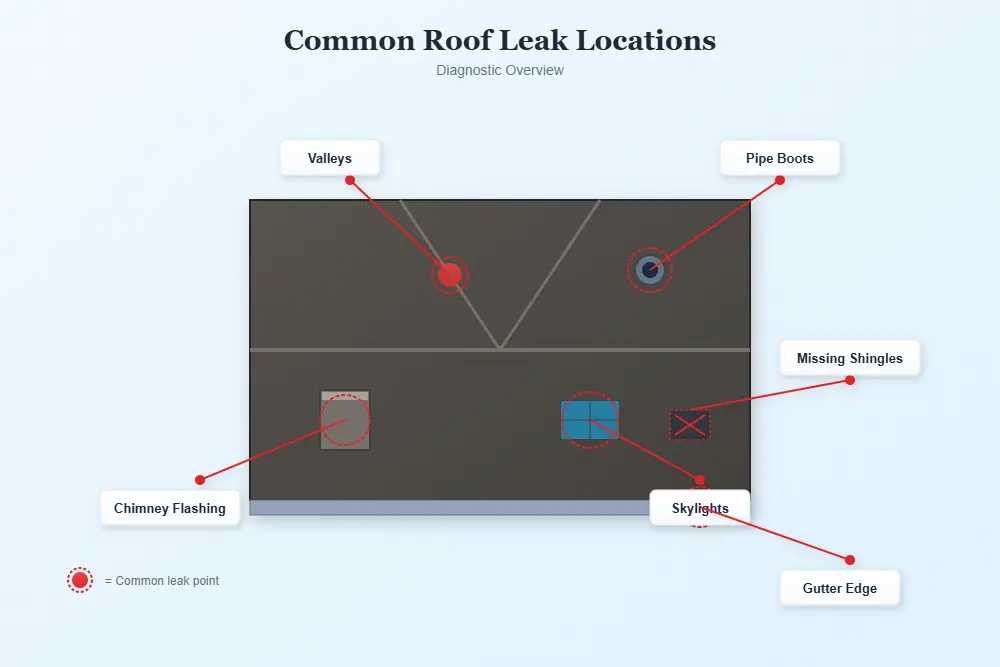 roof leak repair diagram showing common leak locations valleys vents chimneys skylights