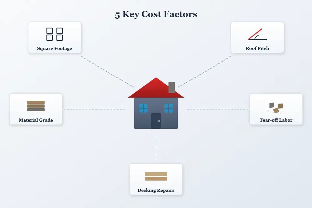 roof replacement cost factors diagram showing square footage pitch materials labor and repairs