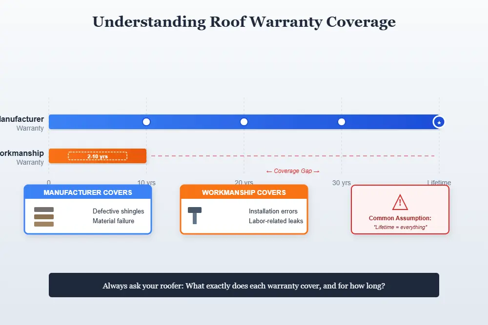 roof warranty timeline comparing manufacturer and workmanship coverage over 30 years