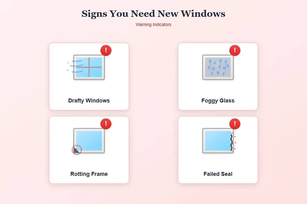window replacement warning signs icons showing drafts condensation rot and seal failure